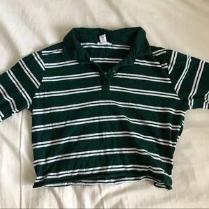 Green and White striped long sleeve polo